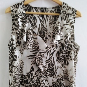 Milano Animal Print Ruffled V Neck Brown Blouse L